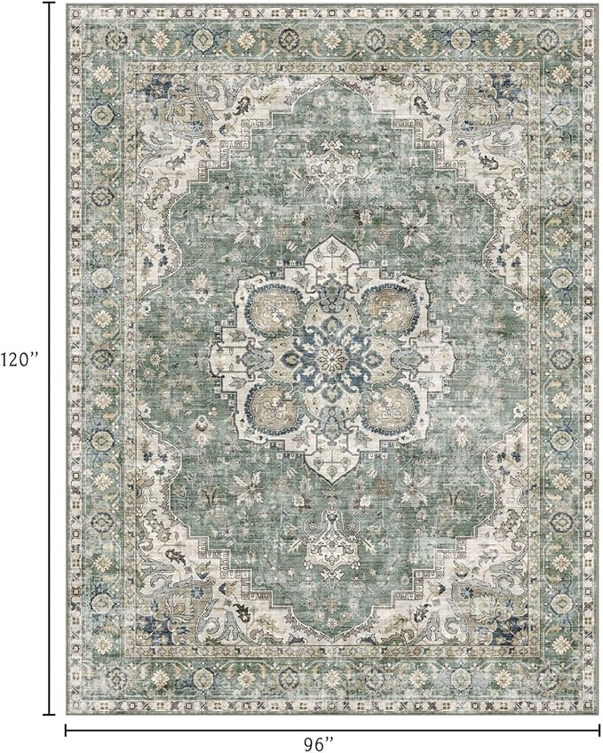 Washable Area Rug 8x10 - Large Sage Green Boho Rugs for Living Room Soft Vintage Bedroom Rug Ultra-Thin Distressed Oriental Carpet Stain Resistant Rug for Dining Room Guest Room Home Decor