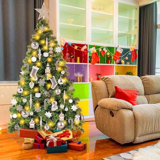 6ft Artificial Christmas Tree with Lights and Ornaments, Prelit Xmas Tree with Hanging Balls (8 Modes) for Home Holiday Decoration, Champagne+White