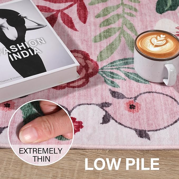 DUKINO 3x4 Area Rug, Lightweight Non Slip Washable Floral Rug, Indoor Low Pile & Non-Shedding Boho Design Carpets for Bedroom, Kitchen, Dining Room, Pink