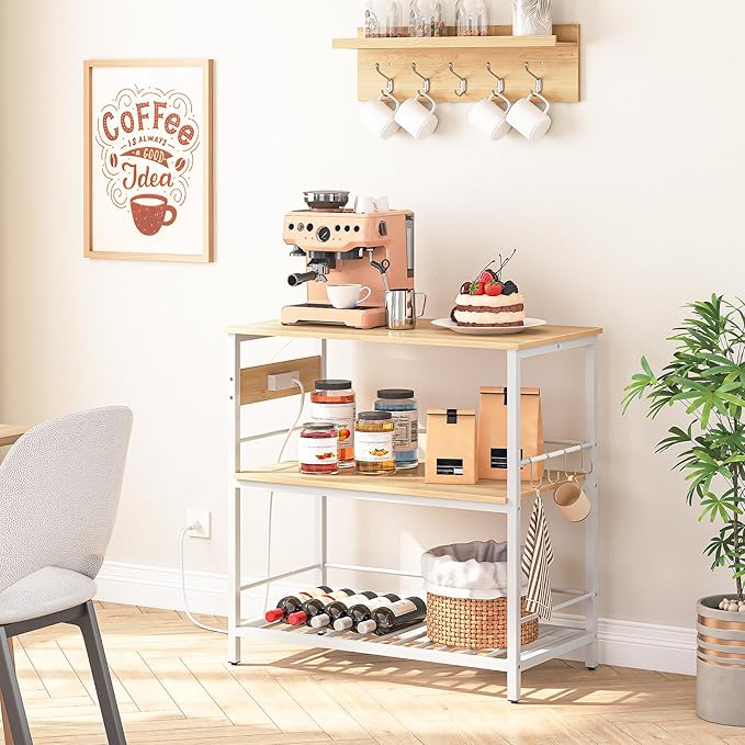 HOOBRO Kitchen Island with Storage, Kitchen Island Table with Power Outlet, 3 Tier Coffee Station and Microwave Stand, for Home, Kitchen and Dining Room, Natural and White WN021ZD01