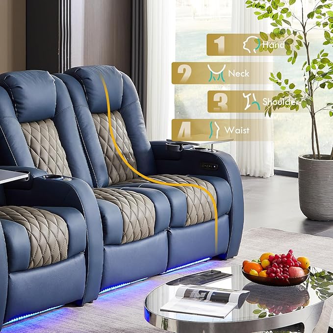 Home Theater Seating, Top Grain Leather Movie Seats Recliner Chair, Zero Gravity Reclining Gaming Sofa with Power Headrest 7 Colors Ambient Lighting 4 Seats Loveseat Left Blue Grey