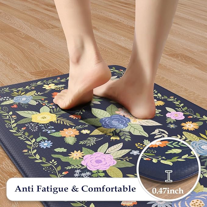 KIMODE Anti Fatigue Kitchen Mats for Floor, Farmhouse Rugs for Kitchen Floor, Cushioned Kitchen Floor Mat Non Slip, Comfort Standing Mat for Laundry Office Sink Desk Blue 17"x47"+17"x29"