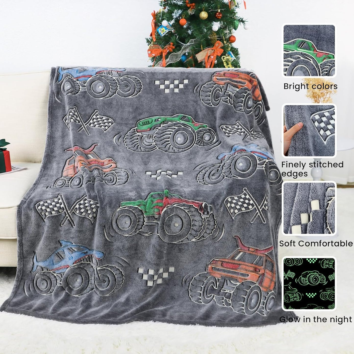 Kids Boys Truck Toys Car Blanket Gifts - Glow in The Dark Fleece Throw Blanket for Couch Bed Sofa Room Decor Birthday Christmas Easter 50" x 60"