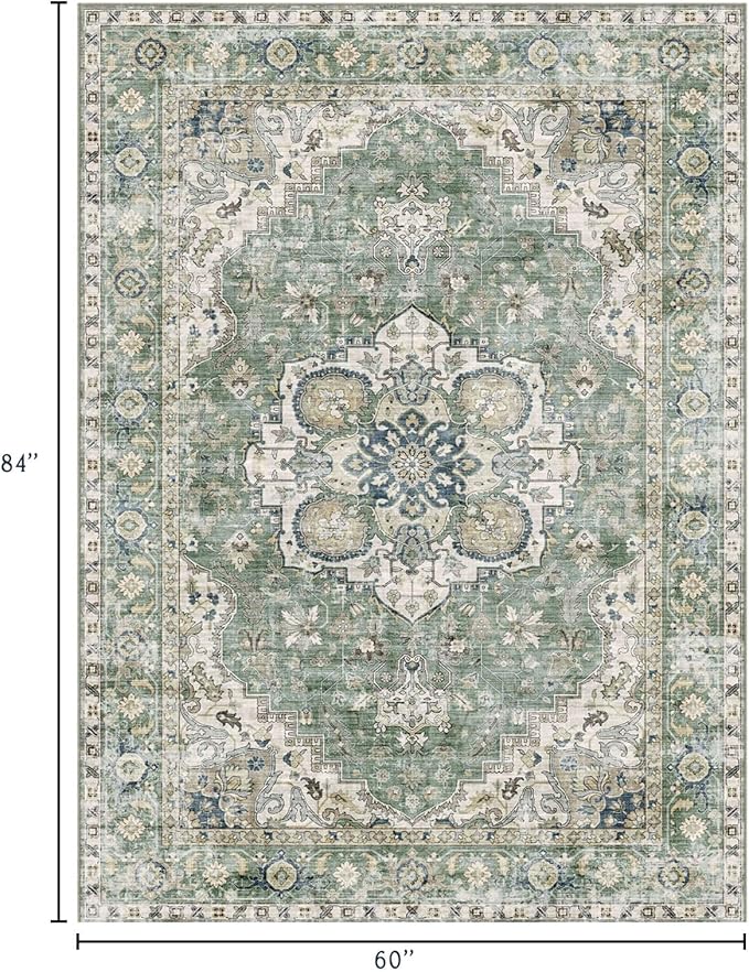 Washable Area Rug 5x7 - Boho Living Room Rug Stain Resistant Soft Bedroom Rug Ultra-Thin Sage Green Vintage Oriental Farmhouse Dining Room Rugs for Under Table Indoor Carpet for Living Room