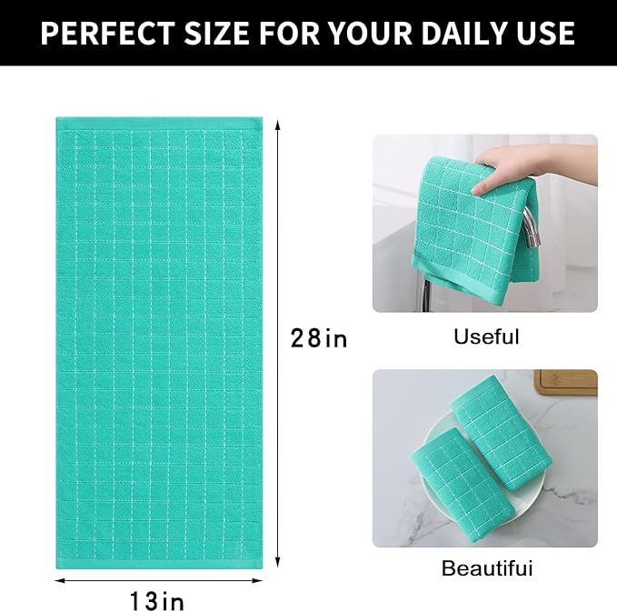 Homaxy 100% Cotton Terry Kitchen Towels(Turquoise, 13 x 28 inches), Checkered Designed, Soft and Super Absorbent Dish Towels, 8 Pack