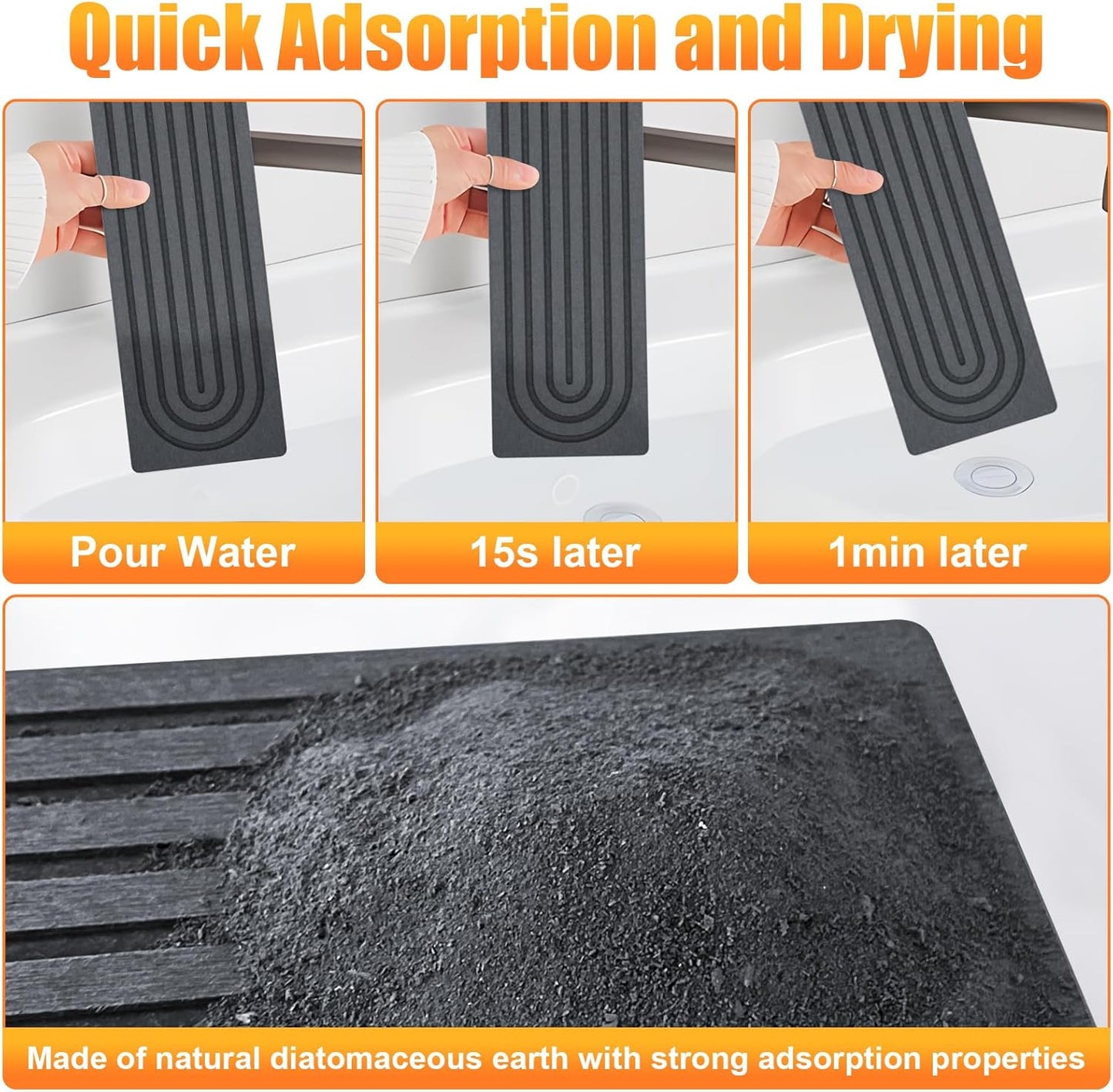 Kitchen Sink Faucet Mat, Super Absorbent Diatomaceous Earth Kitchen Sink Mat Prevents Water Pooling in Sinks, Sink Splash Guard for Kitchen Bathroom Keeps Countertops Dry (Dark Grey)