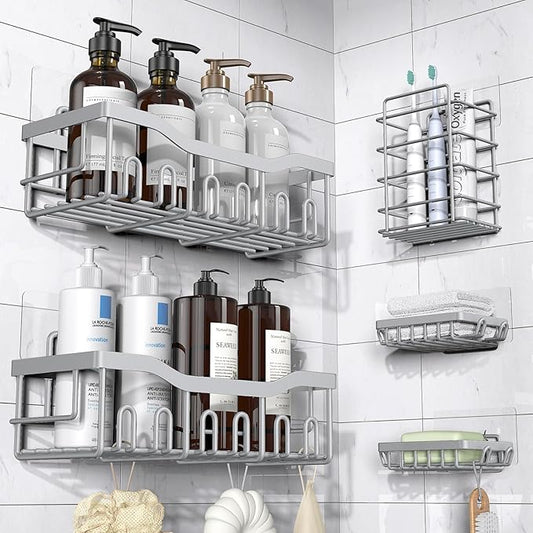 5-Pack Rustproof Stainless Steel Shower Caddy Set– No Drill Adhesive Bathroom Organizer, Space-Saving Shower Shelves for Apartment Essentials, Bathroom/Kitchen Storage Home Decor-L Size