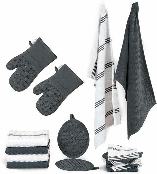 LANE LINEN Kitchen Towels and Dishcloths Sets - 16 Pc Kitchen Essentials for New Home, Heat Resistant Silicone Oven Mitts & Pot Holder, Absorbent Terry Hand Towels & Dish Towel - Grey