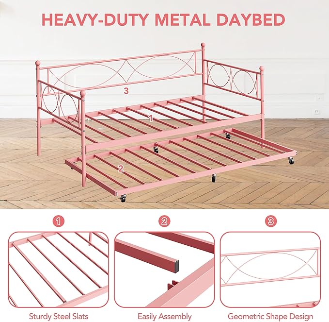 IDEALHOUSE Twin daybed with Trundle, Metal Twin Daybed and Trundle Set, Day Bed Sofa Bed Frame with Steel Slat Support, Multifunctional Daybed Frame for Bedroom (Modern - Pink)