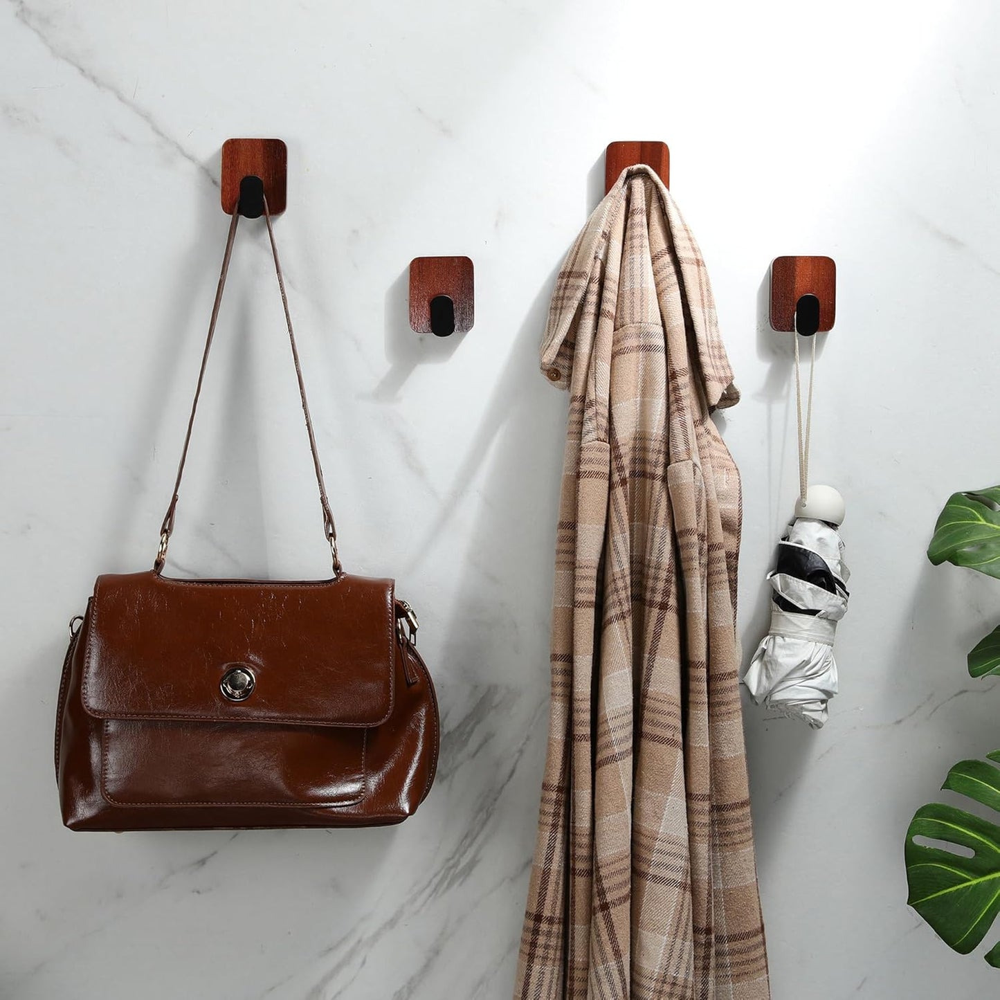 DELITON Acacia Wooden Towel Hooks Red Brown, 4 Pack Sticky Hooks for Hanging Towels, Coat, Hat, Robe, Heavy Duty, No Damage