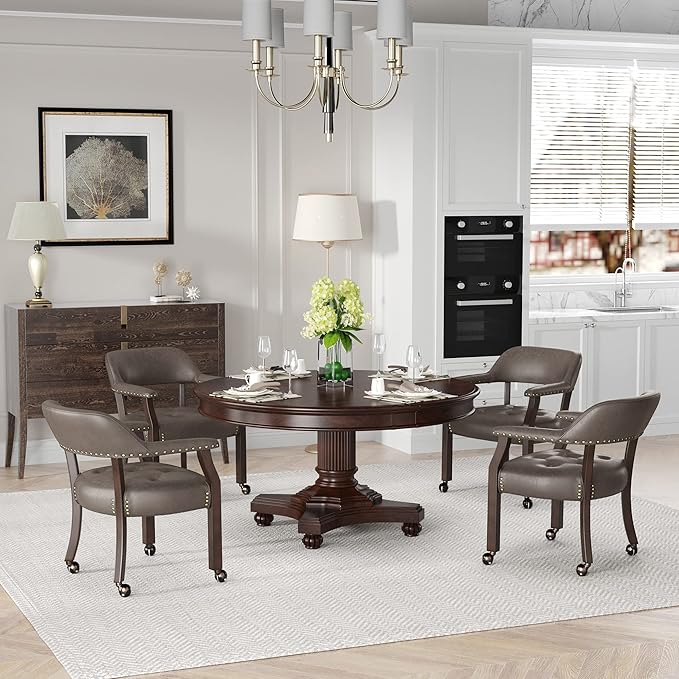 MODERION Solid Wood Boss Caption's Chairs,Dinning Chairs with Wheels and Arms,Office Desk Chairs, Classic Swivel Accent Chairs with Upholstered,Dinner Chairs, 31.5¡±H for Living Room Retro SY318DK