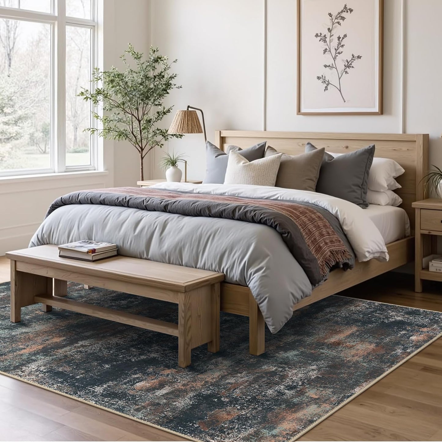 Area Rugs 10x14 for Living Room Bedroom, Modern Abstract Machine Washable Rug, Large Soft Low Pile Floor Cover with Non Slip Backing for Dining Room, Dark Blue Rust