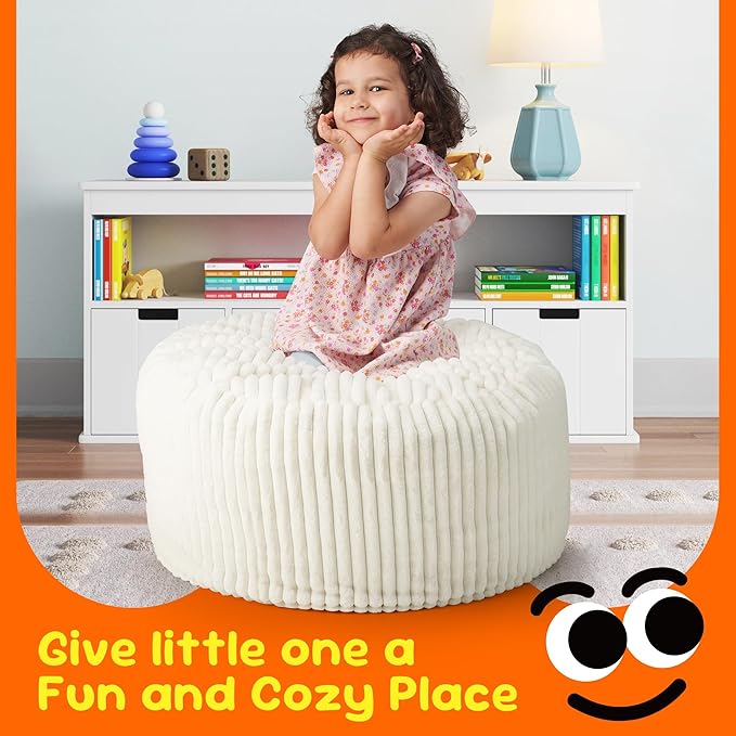 Hobestluk Bean Bag Chairs 2.5FT Bean Bag Chair with Memory Foam Filled & Stripe Plush Cover Small Bean Bag Chairs for Playroom, Living Room, Bedroom (White)