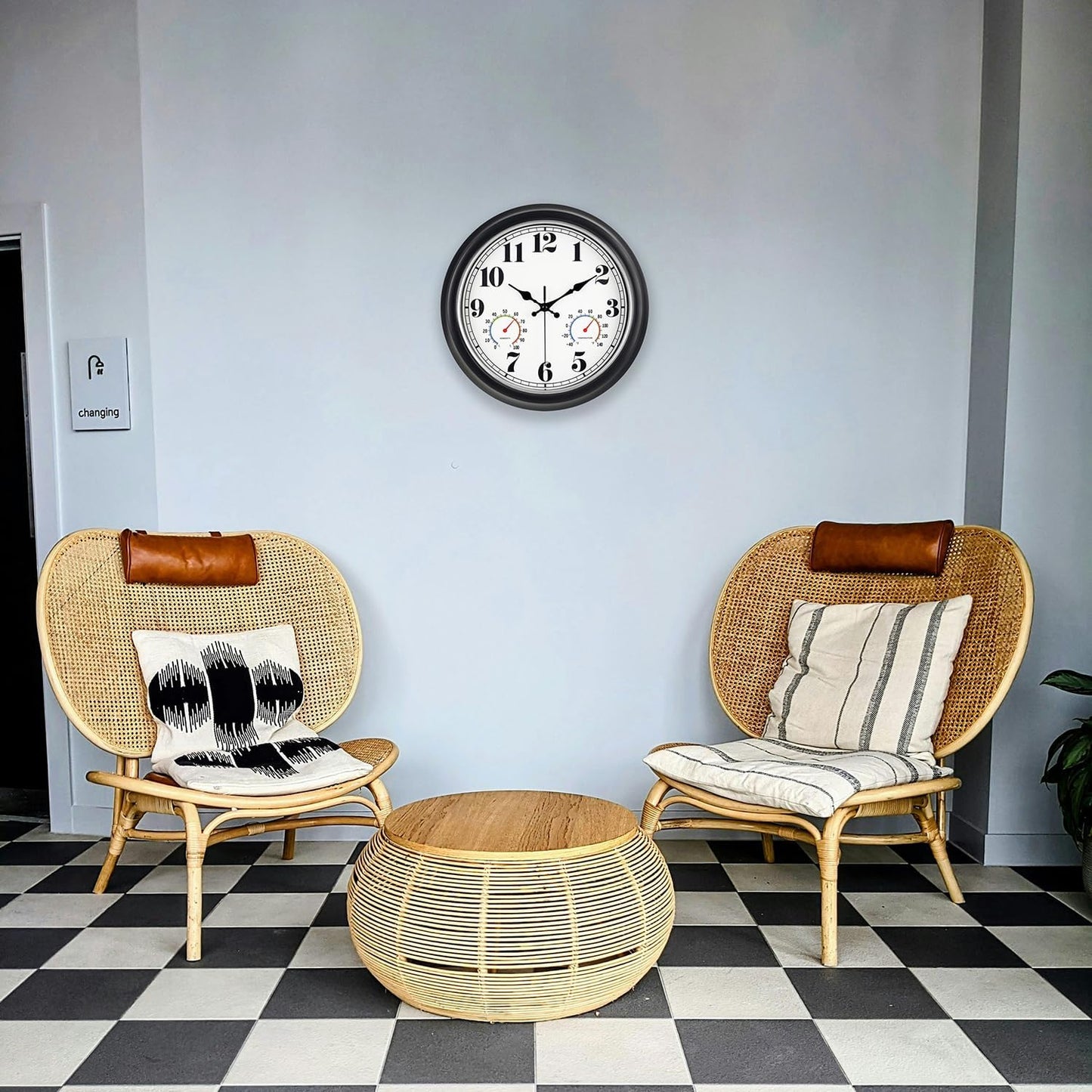 45MinST 13-Inch Vintage Outdoor Wall Clock with Thermometer and Hygrometer, Waterproof, Large Numbers, Silent, for Indoor and Outside Use,Porch,Garden,Pool(Black Frame with Silver Trim)