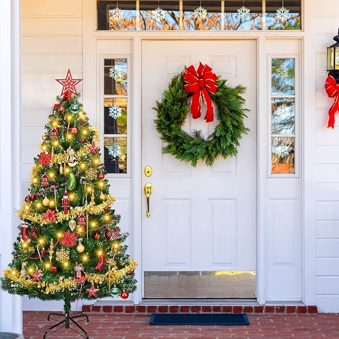 5ft Artificial Christmas Tree with Lights and Ornaments, Prelit Xmas Tree with Hanging Balls (8 Modes) for Home Holiday Decoration, Gold+Red+Green