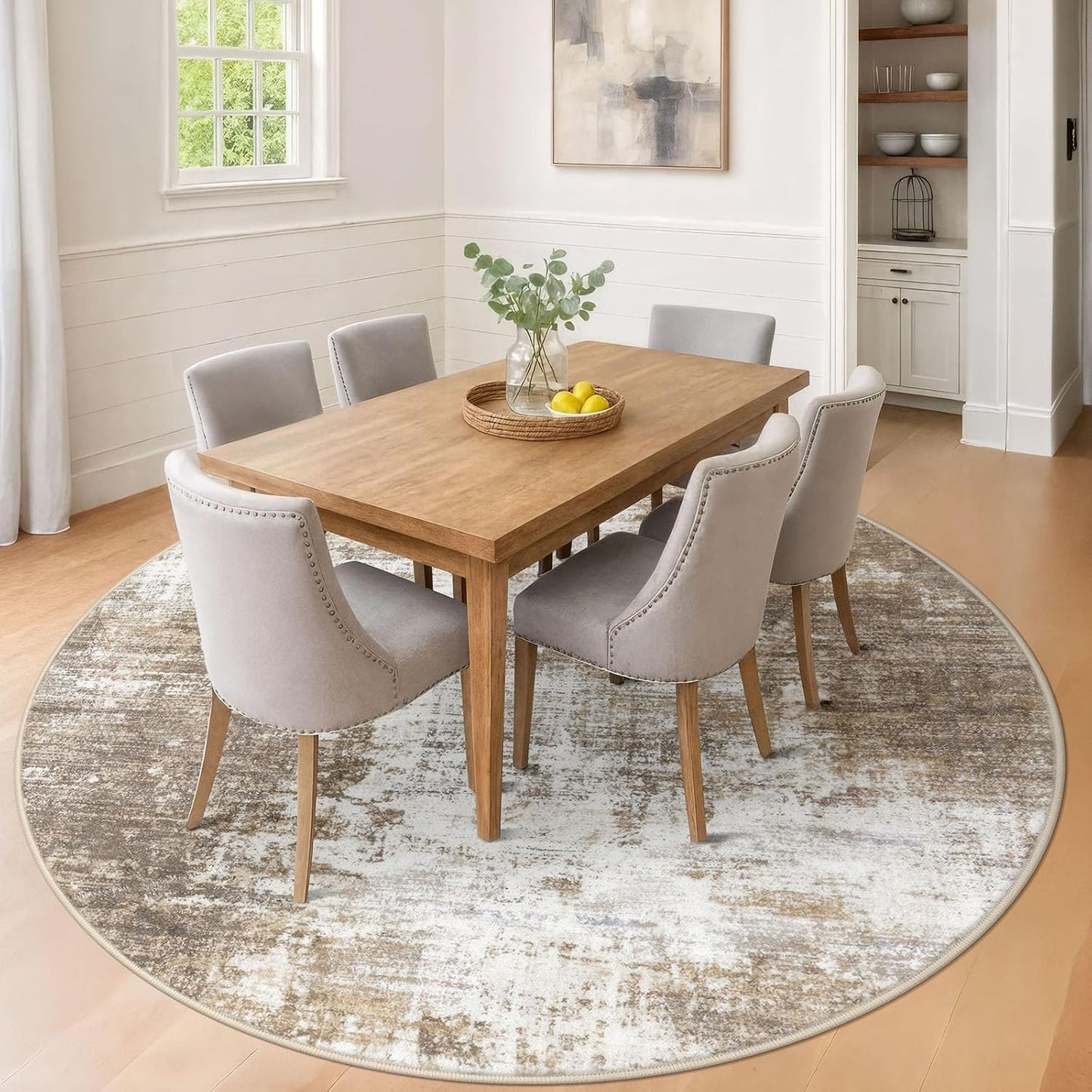 IOHOUZE Abstract Round Area Rug 8 Ft Washable Circle Rugs Large Round Rug Non Slip Thin Soft Circle Rugs, Printed Faux Wool Floor Carpet for Bedroom Living Room Dining Room Nursery, Beige Brown