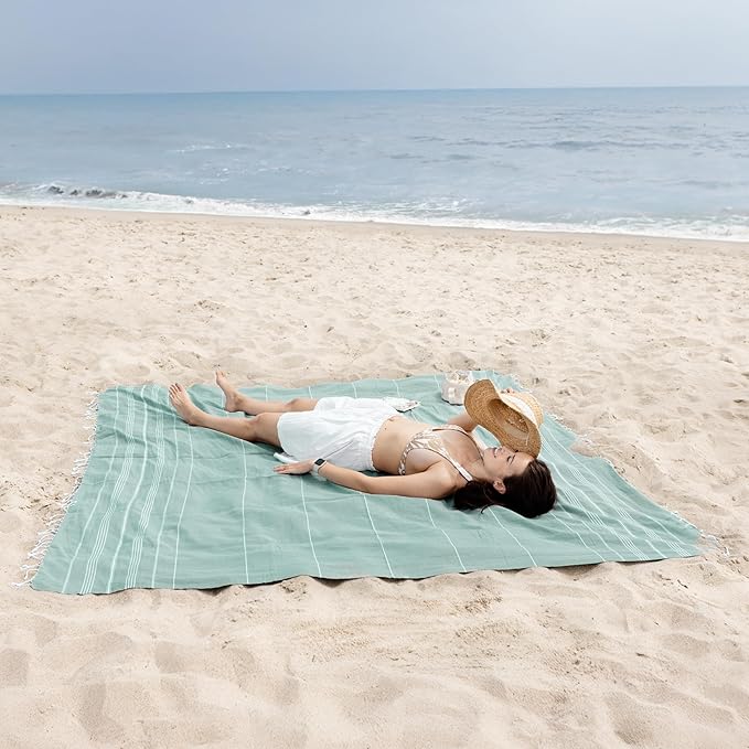 WETCAT Turkish Beach Blanket Sandproof (82"x82") 100% Turkish Cotton, Made in Turkey - Sand Free, Ultra Soft, Extra Large Throw for Picnic – Teal