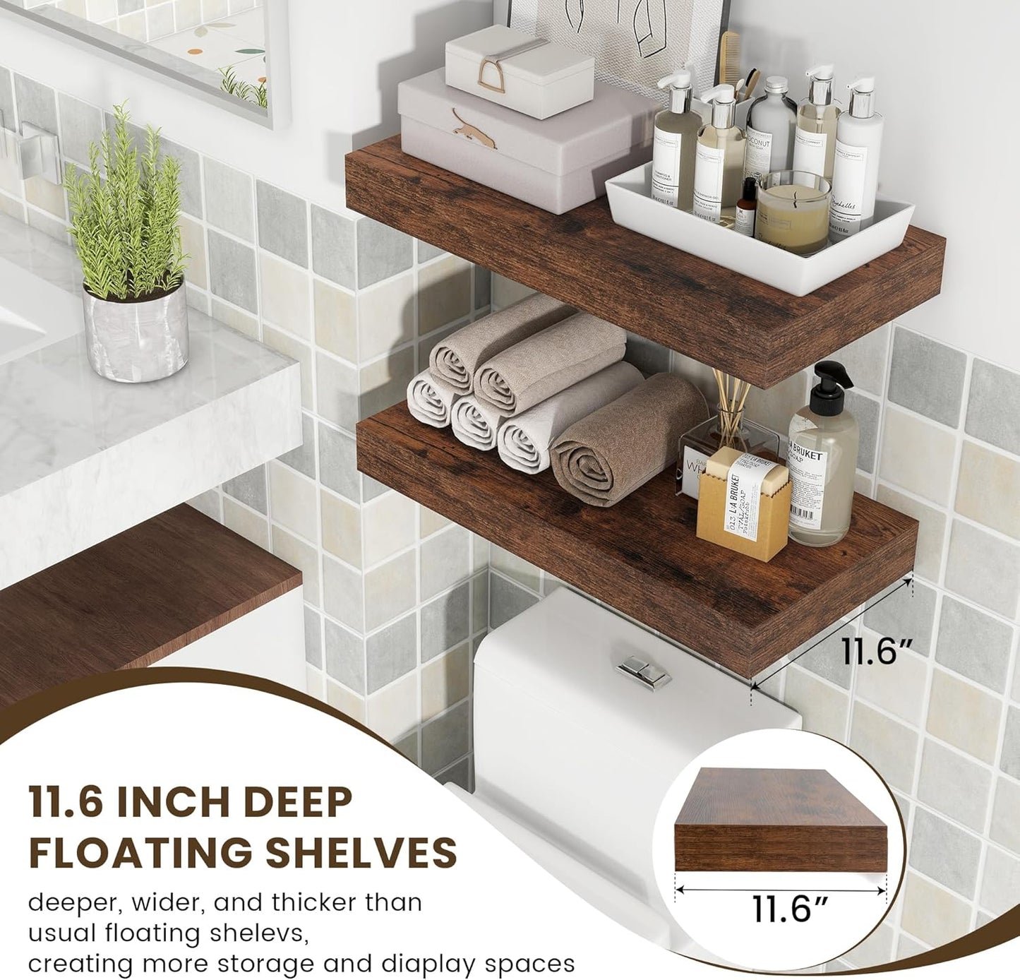 Deep Floating Shelves for Wall - 24 Inch Wide x 12 Inch Deep Rustic Wood Floating Shelves Set of 2 - Large Wall Mounted Wood Shelves for Laundry Room Living Room Kitchen Home Office