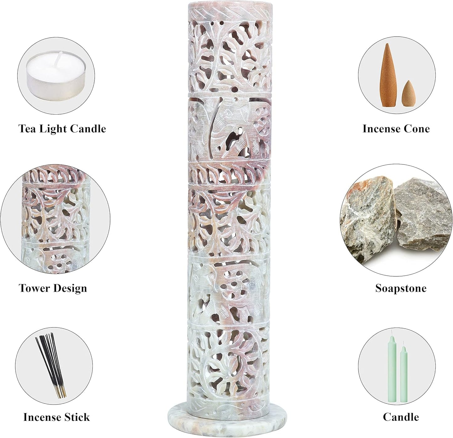 Crocon Soapstone Handmade Tower Candle Burner Elephant Leaf Crafting Incense Tower Burner | Tea Light Holder | Living Room Decor Kitchen Home Fragrance Decorative Great Gift Set - 2.9X2.9X10 Inch