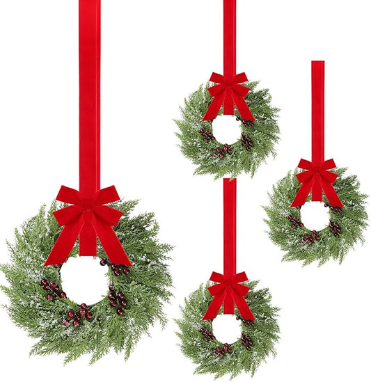4 Pcs Small Christmas Norfolk Wreaths 15 Inch Christmas Kitchen Cabinet Mini Wreath Real Touch with Bow Ribbon Cedar Red Berry for Xmas Front Door Window Chair Fireplace Table Pillar Farmhouse Decor