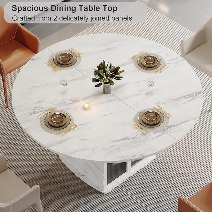 IBF 47" Round Dining Table with Fridge Space, Modern White Faux Marble Kitchen Tables for 4-6 People,Wood Dining Room Table with Storage Shelf, Circle Dinner Tables for Home, White Marble, Only Table
