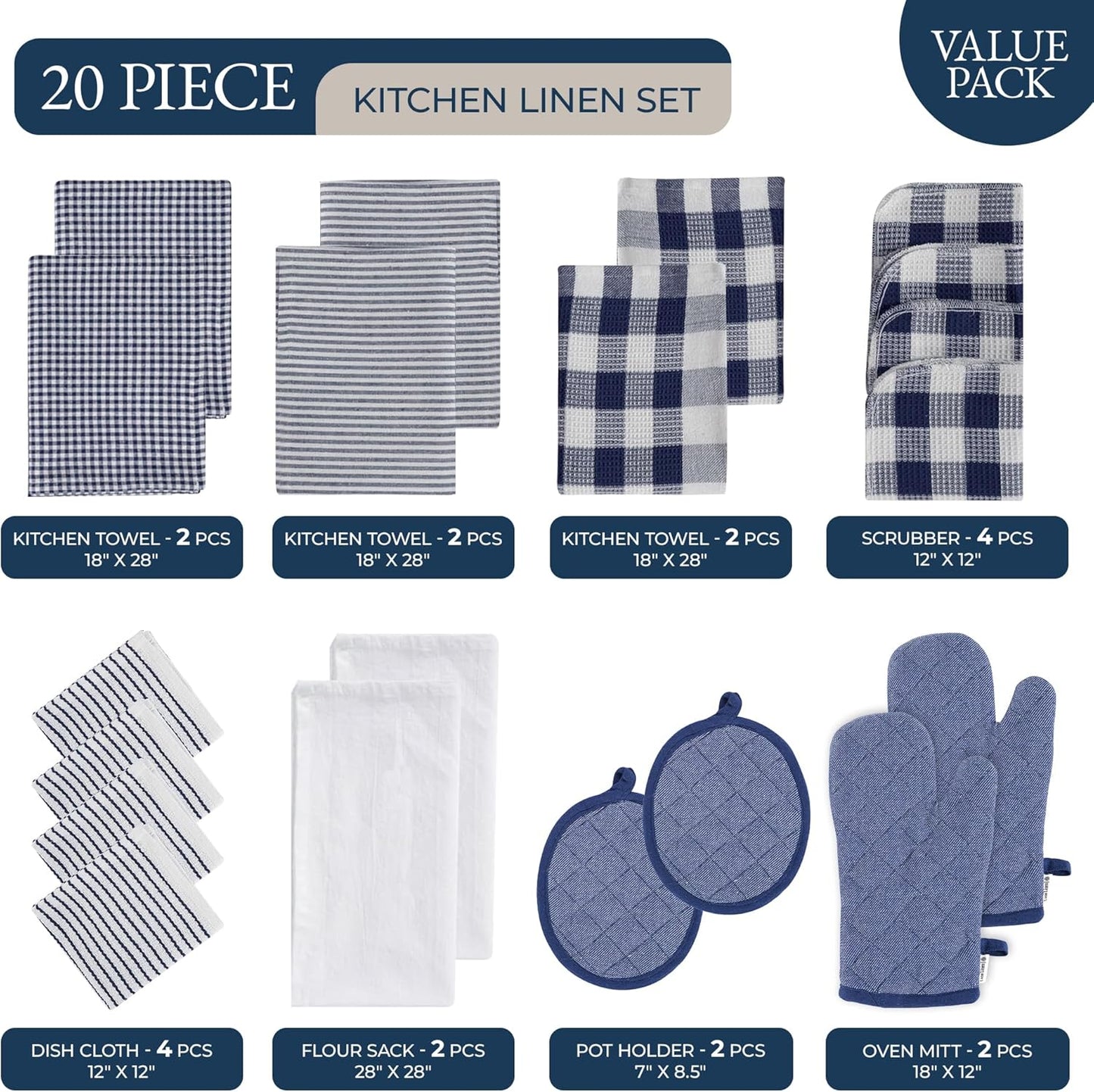 LANE LINEN Flour Sack Dish Towels Set - 20 Pc Kitchen Towel Set with Pot Holders and Oven Mitts,100% Cotton Kitchen Towels, Absorbent Dish Towels: Indigo