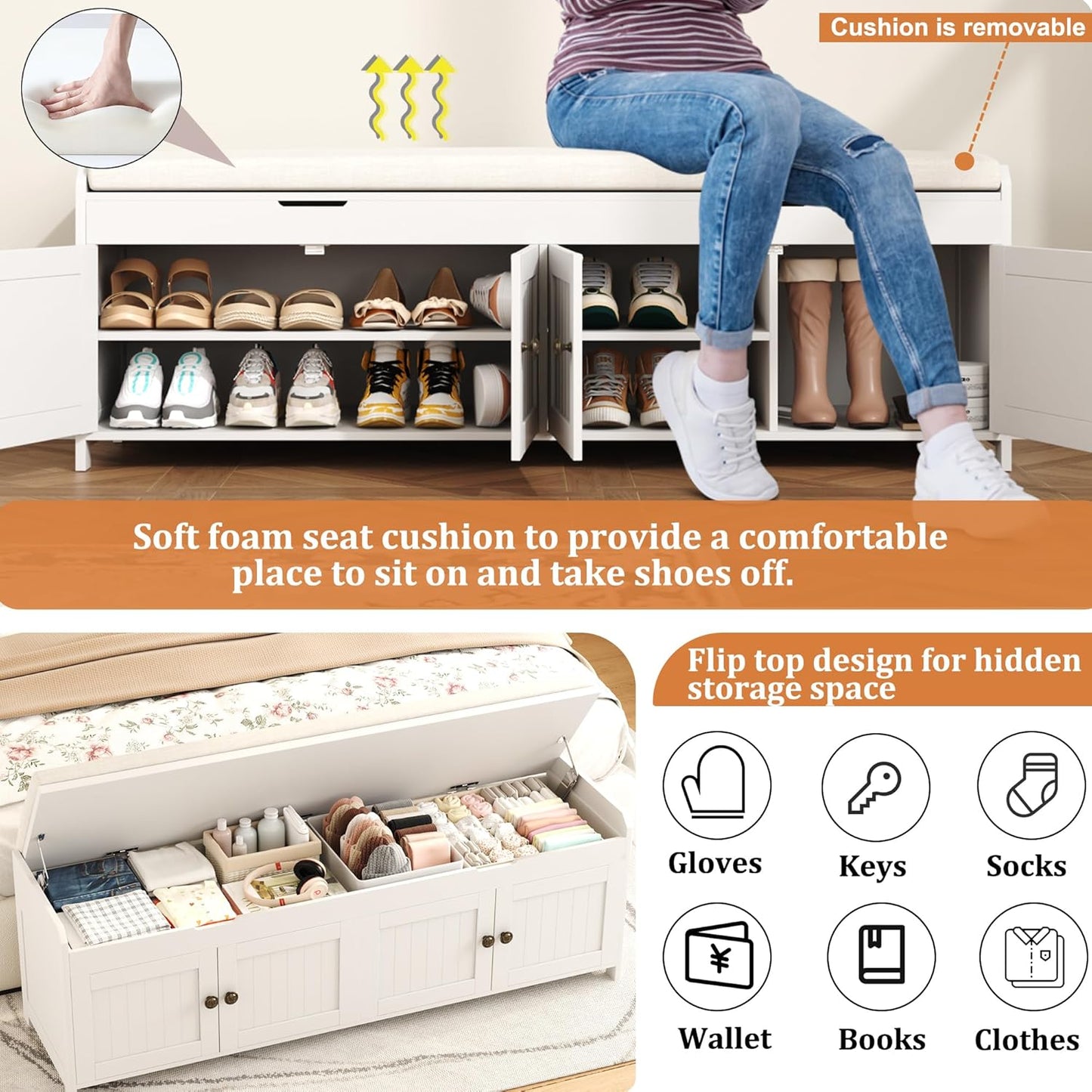 HOMEFORT 54.4" Shoe Bench with Lift Top Storage, Entryway Bench with Cushioned Seat, Wooden End of Bed Bench, Shoe Cabinet Bench with Hidden Storage Space, for Bedroom, Hallway,White