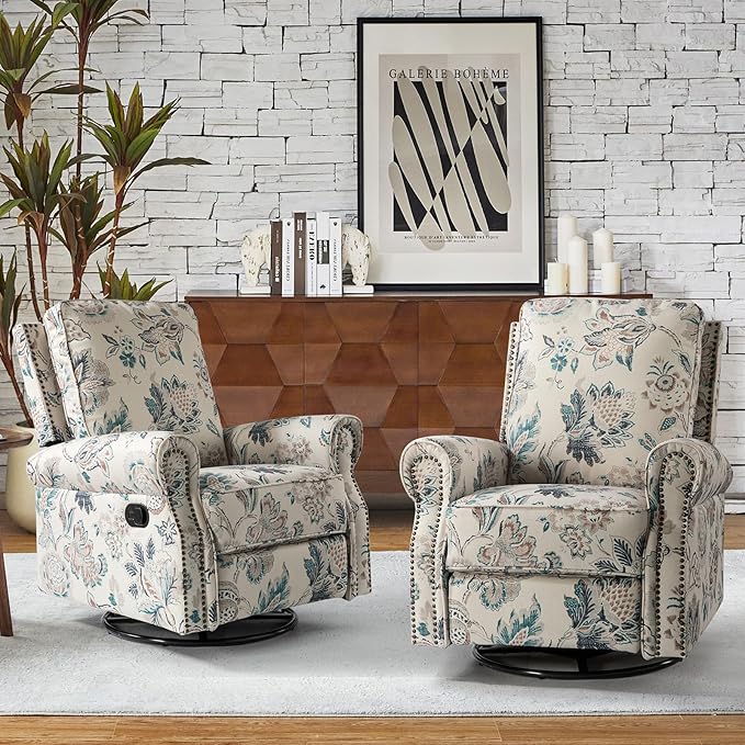 HULALA Home Rocker Recliner Set of 2, Modern Printed Fabric Swivel Glider with Adjustable Backrest & Footrest, Teal