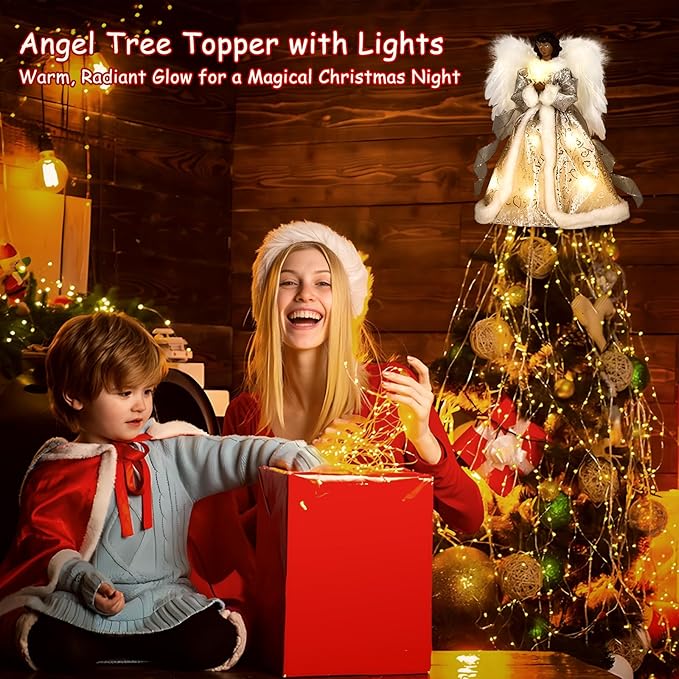 Angel Tree Topper with Lights, Lighted Tree Toppers Christmas Decorations, Elegant and Durable, Perfect for Holiday Home Decor and Gifts, Black, WOKEISE