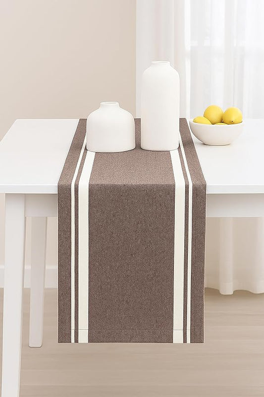 PurpleEssences French Striped Table Runner 72 inches Long Stripe Runner 14 x 72 Inch 100% Cotton - Durable Washable Fabric for Fall Thanksgiving - H.White and Nut Brown