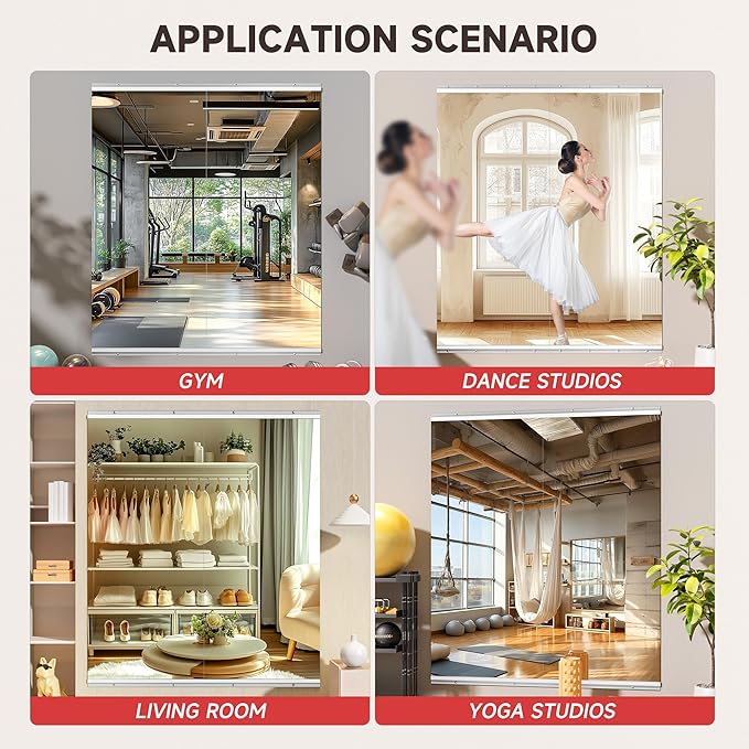 Home Gym Mirror, 63'' x 28'' x 2PCS, Large Full Body Mirror for Yoga, Frameless Tempered Glass, Wall Mounted for Home Gym, Garage, Bedroom, Bathroom