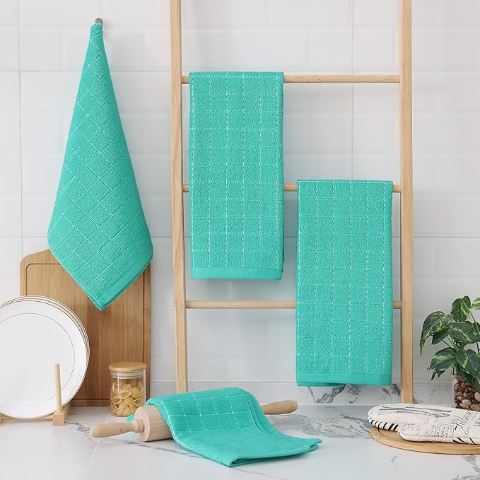 Homaxy 100% Cotton Terry Kitchen Towels(Turquoise, 13 x 28 inches), Checkered Designed, Soft and Super Absorbent Dish Towels, 8 Pack