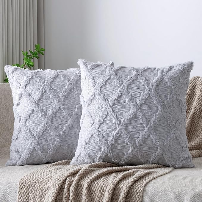 Set of 2 Soft Moroccan Throw Pillow Covers 22x22 Inch Plush Boho Decorative Pillow Cover Accent Cushion Case for Couch Sofa Bed, Grey