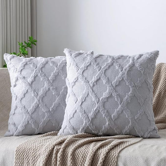 Set of 2 Soft Moroccan Throw Pillow Covers 22x22 Inch Plush Boho Decorative Pillow Cover Accent Cushion Case for Couch Sofa Bed, Grey