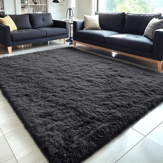 OLANLY 5x7 Machine Washable Large Area Rugs for Living Room, Bedroom, Soft Fluffy Shaggy Bedside Rug, Indoor Floor Carpet for Kids Girls and Boys, Dorms, Nursery, Home Decor Aesthetic, Black