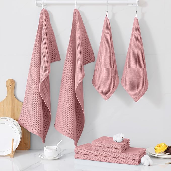 Homaxy 100% Cotton Kitchen Towels and Dishcloths Set, 12 x 12 Inches and 13 x 28 Inches, Set of 12 Bulk Kitchen Towels Set, Ultra Soft Absorbent Dish Cloths for Washing Dishes, Dried Rose