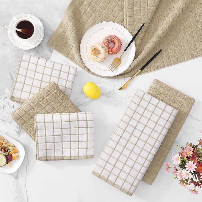 Homaxy Premium Cotton Kitchen Towels 16"x 28", Large Natural Ring Spun 390 GSM Dish Towels, Super Absorbent Terry Kitchen Hand Towels, Soft Tea Towel with Hanging Loop, Tan Check Design, 8 Pack