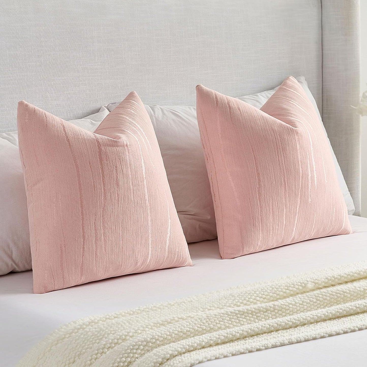FUTEI Pink Chenille Decorative Throw Pillow Covers 20x20 Inch Set of 2,Soft Embossed Striped Textured Cushion Case,Modern Home Decor for Couch Bed Living Room