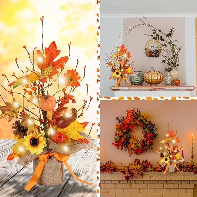 18 Inch Fall Table Tree, LED Lighted Fall Tree with Sunflowers Maple Leaf Pumpkin,Artificial Fall Tree for Autumn Harvest Thanksgiving Home Decor