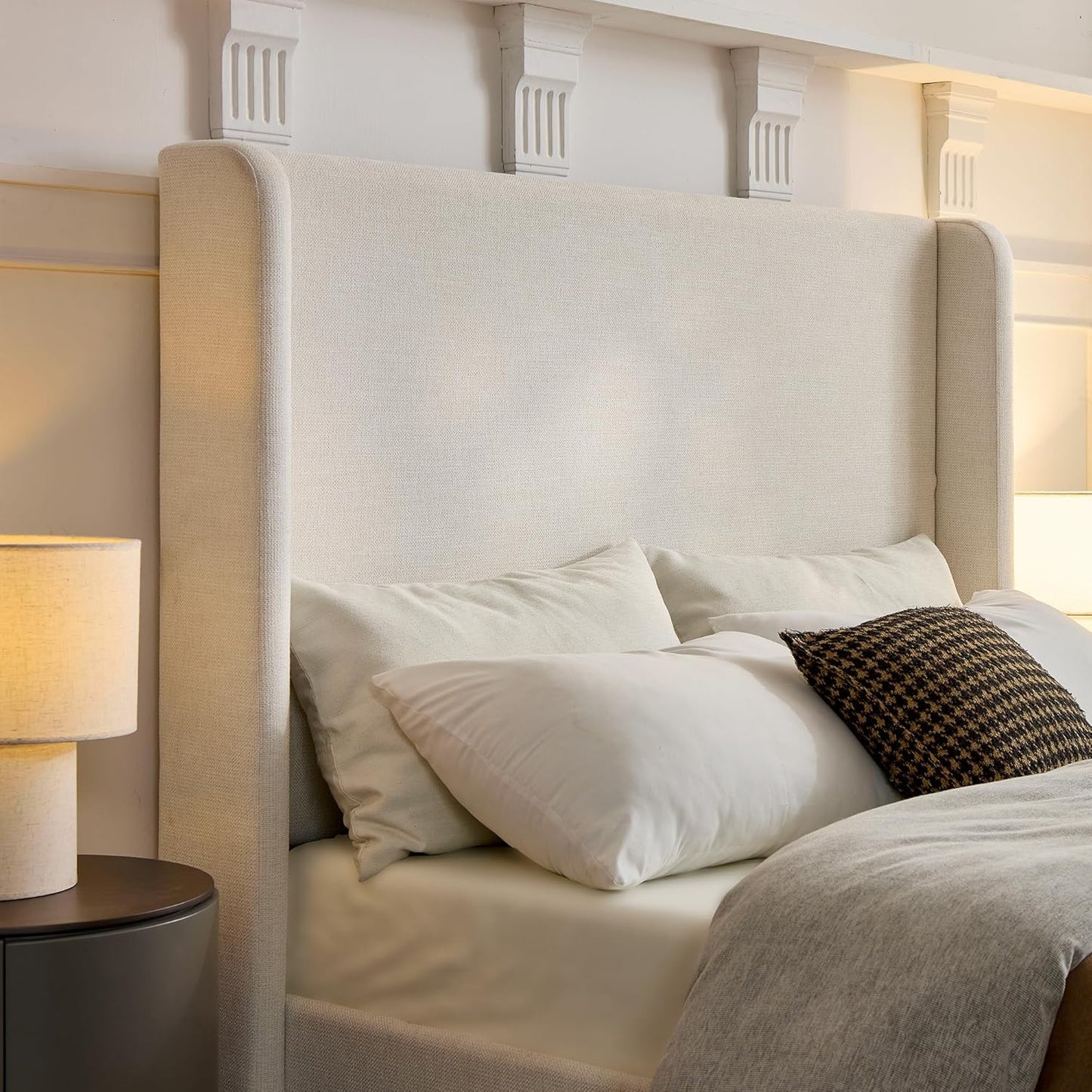 King 52.3" Tall Headboard Carmen Wingback Upholstered Platform Bed Frame Premium Textured Canvas Chenille Elegant Simplicity for Bedroom No Box Spring Needed Easy Assembly No Noise Ivory