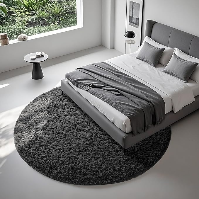 Ophanie Round Rug 7Ft Black Circle Area Rug, Room Decor for Men, Fluffy Fuzzy Bedroom Carpet, Plush Soft Shaggy Living Room Rugs for Kids Home Decor Aesthetic, Nursery