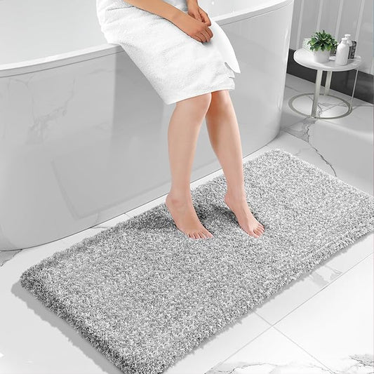 Yimobra Luxury Bathroom Rugs, Fluffy Bath Mats, Non Slip, Water Absorbent Microfiber, Machine Washable, Plush Runner Shower Rugs, Thick Matts for Bathroom Floor&Tub, 60"x 24", Light Gray and White