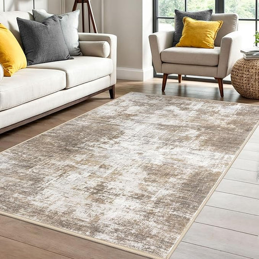 IOHOUZE Abstract Area Rug 4x6 Ft Washable Rugs for Entryway Indoor, Non Slip Small Living Room Rugs Printed Faux Wool Throw Rug, Floor Carpet for Kitchen Nursery Playroom, Beige Brown