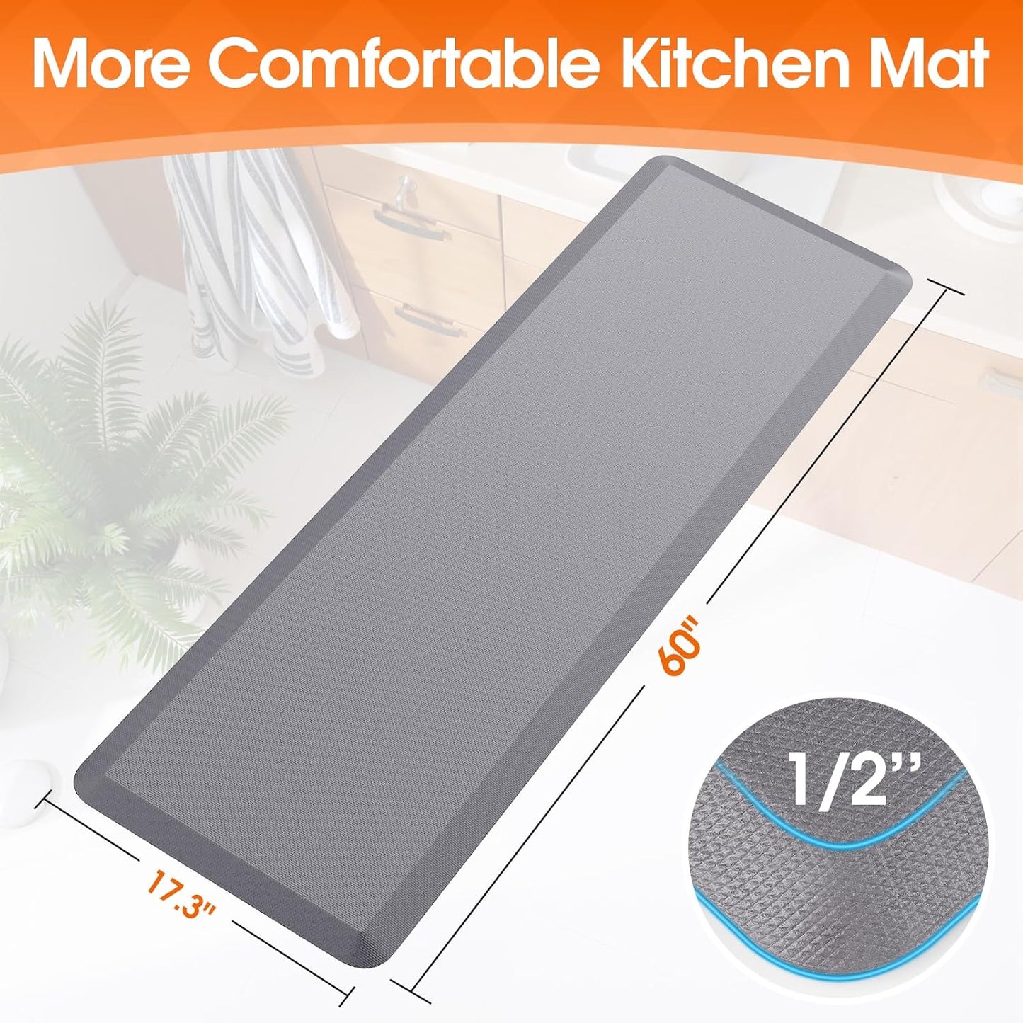 Kitchen Mat, Cushioned Thick Floor Comfort Mat, with Non-Slip Bottom, Waterproof & Stain Resistant & Easy Clean, Standing Desk Mat for Kitchen, Sink, Office (17.3''x60'', Grey)