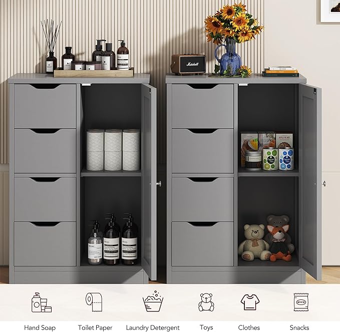 Vongrasig Bathroom Floor Storage Cabinet, Wooden Storage Organizer with 4 Drawers and 1 Door, Freestanding Pantry Cabinet with Adjustable Shelves for Bathroom, Living Room, Kitchen, Entryway, Grey