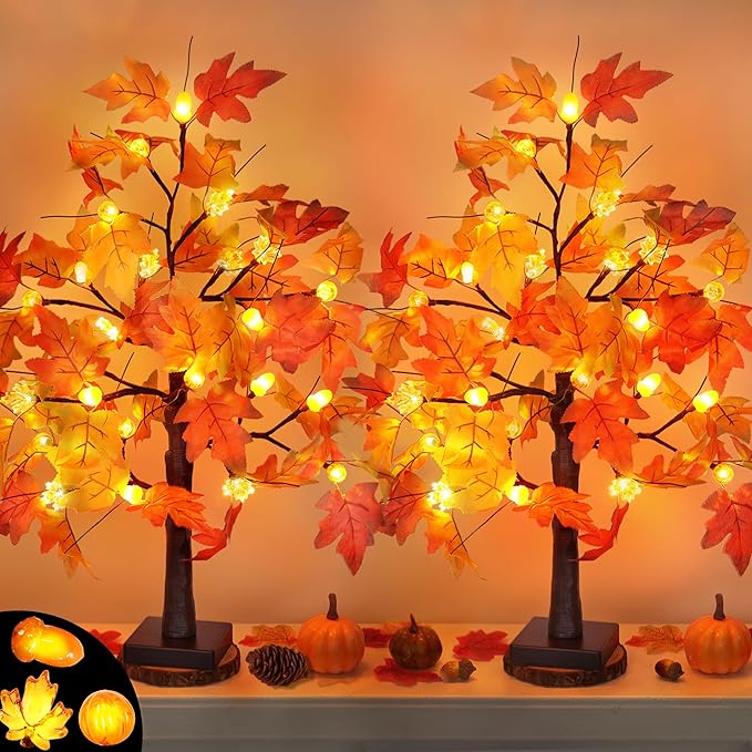 2 Pack 24 Inch Fall Maple Tree with 48LED Battery Operated Lighted Tabletop Artificial Tree with Pumpkin Acorn Maple Fall Centerpieces Indoor Fall Decorations for Home Office Thanksgiving Table Decor