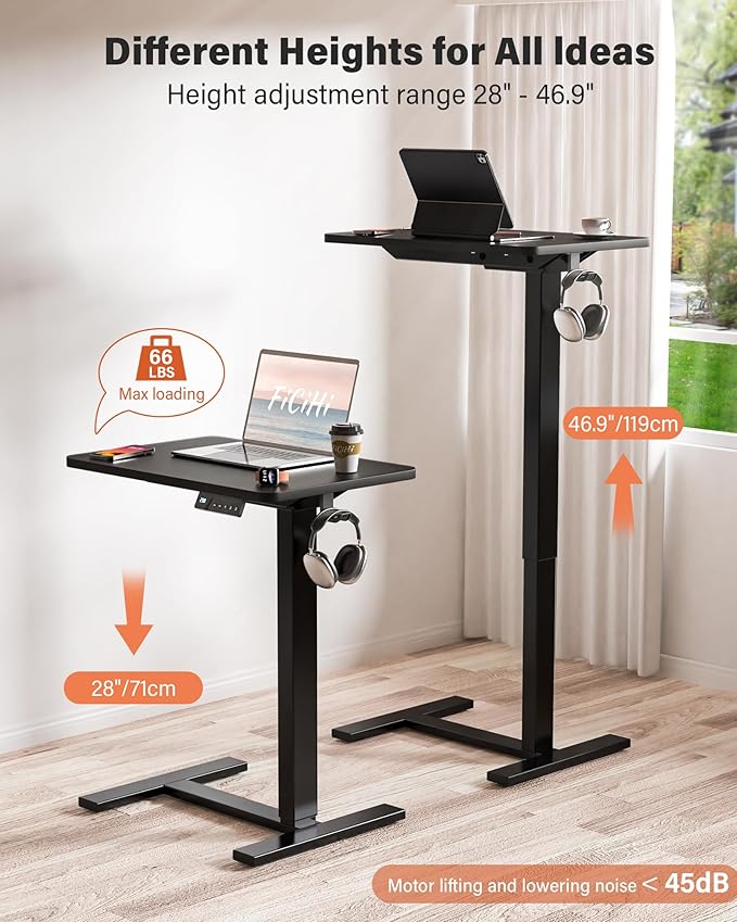 Small Mobile Standing Desk with Wheels, Electric Height Adjustable Portable Rolling Computer Cart, Movable Sit Stand Laptop Table for Sofa, Bedside, Home Office Workstation (27.6", Black)