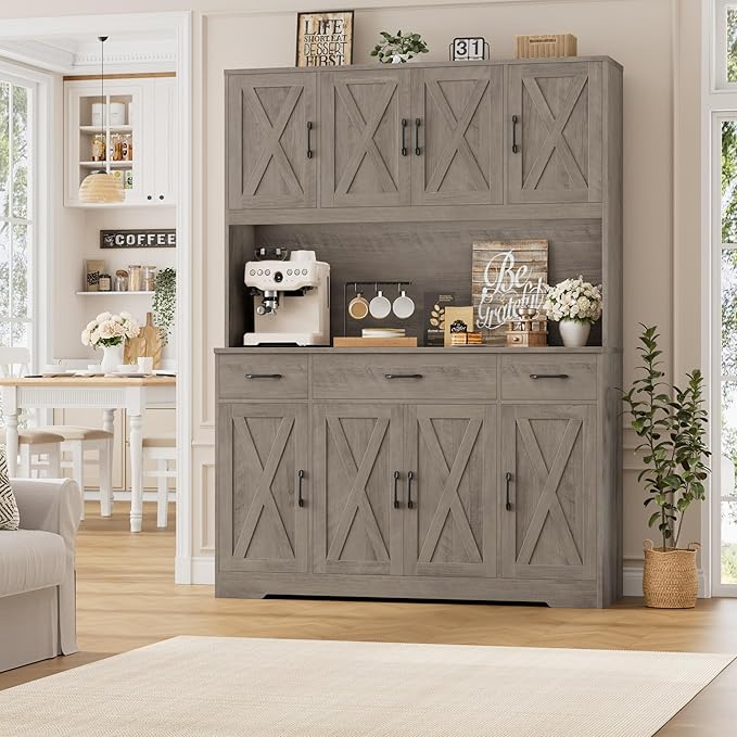 HOSTACK 71" Tall Kitchen Pantry Storage Cabinet with Charging Station, 55" Wide Kitchen Hutch Cabinet with Large Countertop, Farmhouse Food Pantry with Drawers for Living Room, Ash Grey