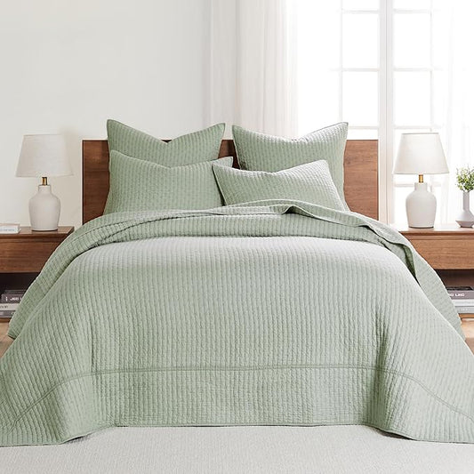 Levtex Home Cross Stitch Reversible Twin Bedspread Set (84x104in) with 1 Pillow Sham (26x20in) - Stitch Texture - Desert Sage - Cotton Twin Size Bedspread Set - Lightweight, Soft, Pre-Washed