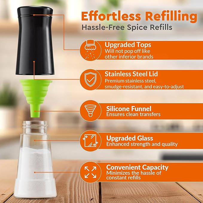 HOME EC Original Salt and Pepper Shakers Set with Adjustable Pour Holes - Black Salt Shaker and Pepper Shaker - Farmhouse Spice dispenser for salts, Ground peppercorn and spices